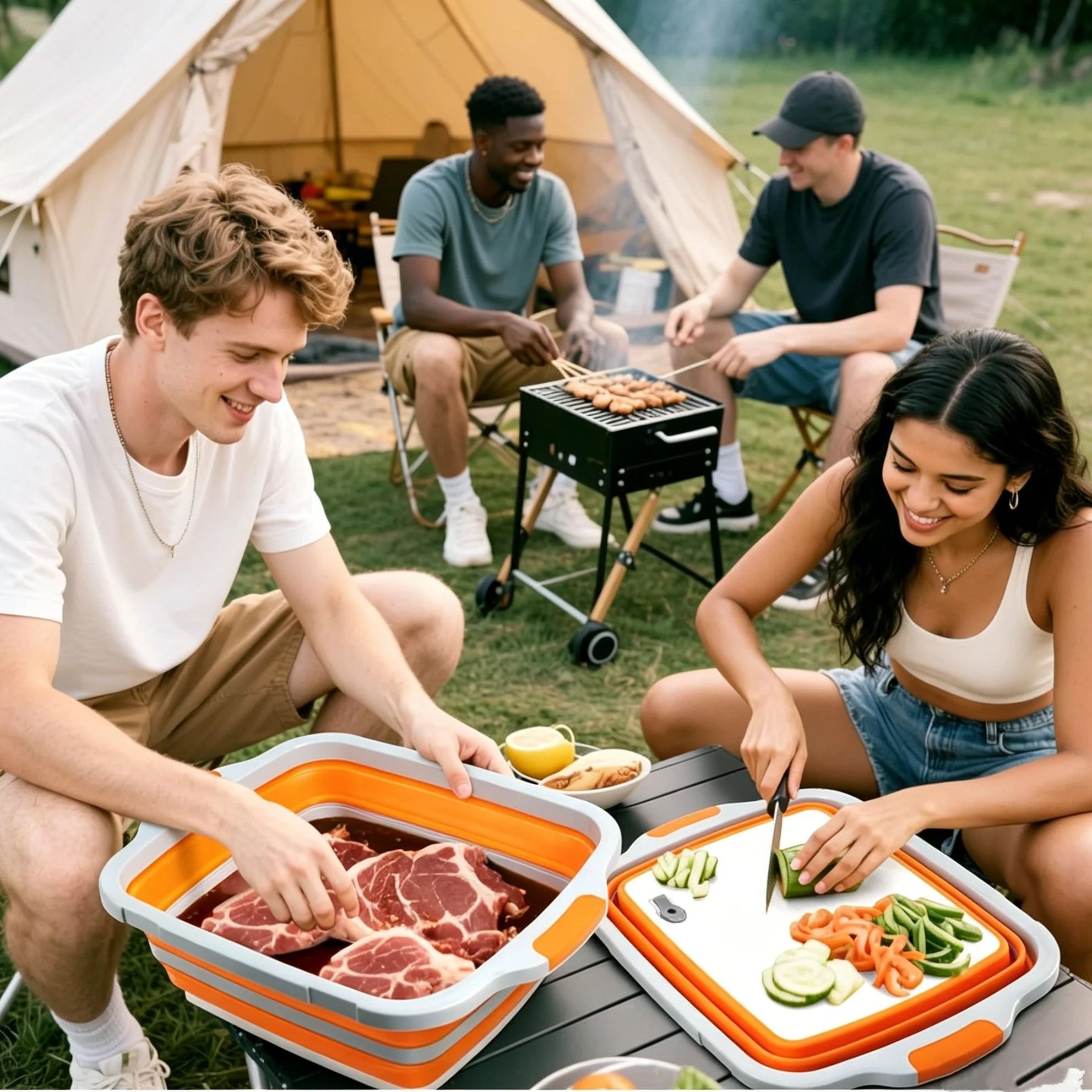 Collapsible BBQ Prep Tub with Lid & Cutting Board | 2-in-1 Portable Folding Basin for Camping Outdoor | Food-Grade Plastic Vegetable Washing & Marinating Station | Space-Saving RV Kitchen Must-Have